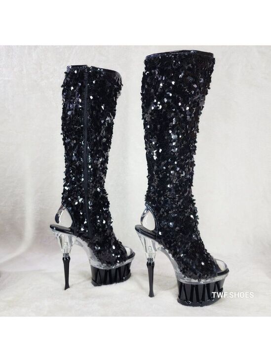 Pleaser Shoes - Pleaser Spiky Black Sequin Knee Boots Spiked Design Platform